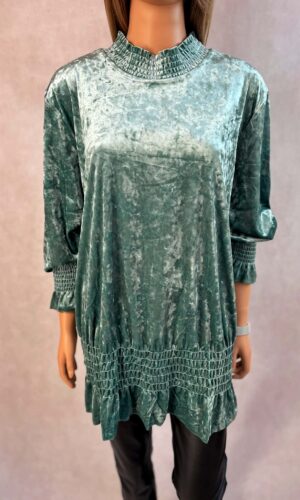 zielona welurowa tunika damska z marszczeniem przy szyi