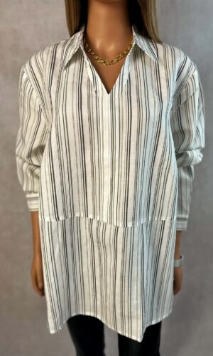 Koszula lniana damska w paski ecru plus size luźna tunika